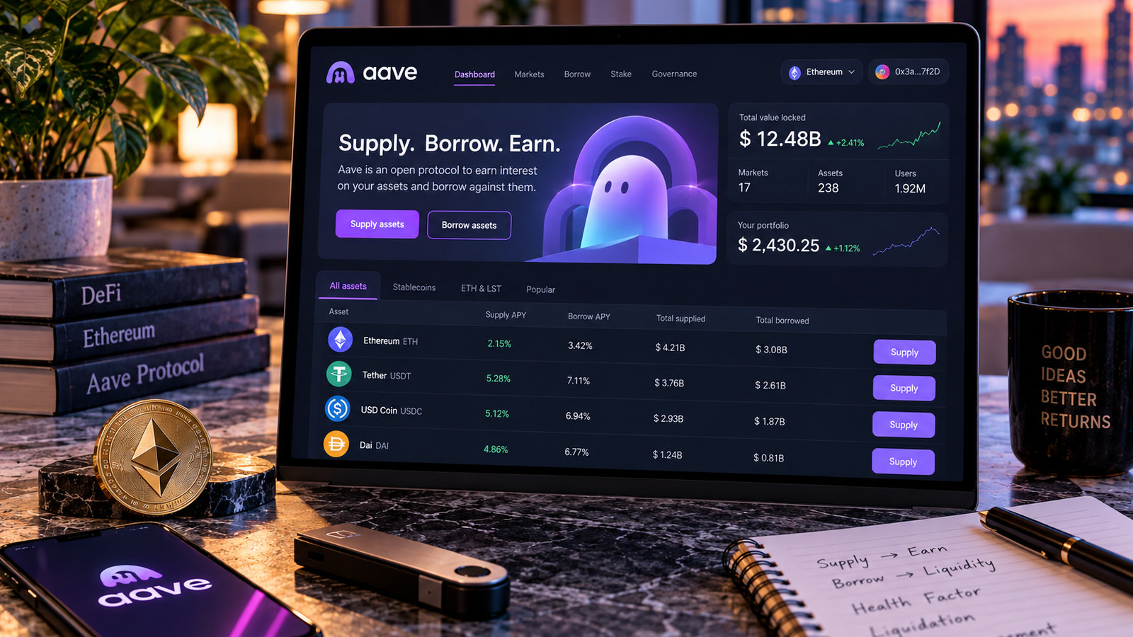 Иллюстрация Aave: приложение показывает размещение USDT и USDC и ставки кредитного рынка