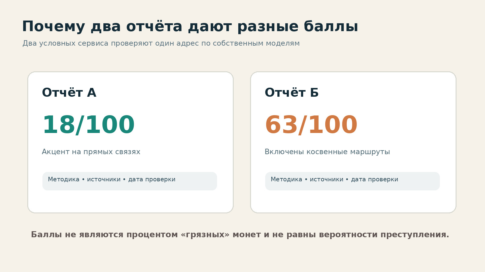 Сравнение двух условных AML-отчётов: оценки риска 18 и 63 по различным методикам