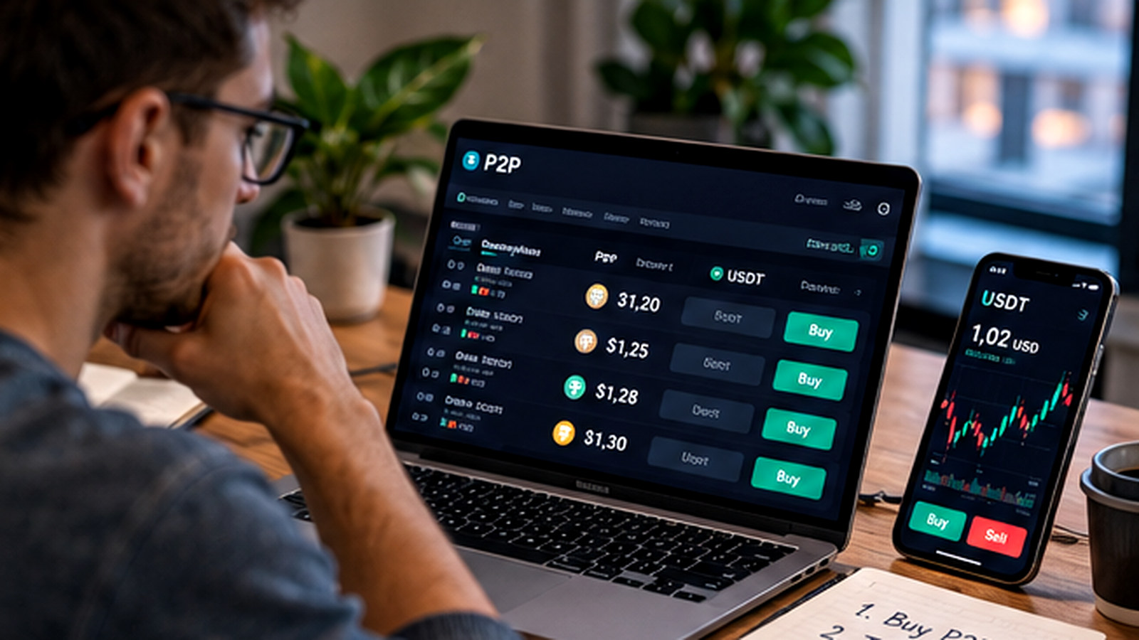 Трейдер сравнивает P2P-объявления и ликвидность на ноутбуке и смартфоне перед сделкой