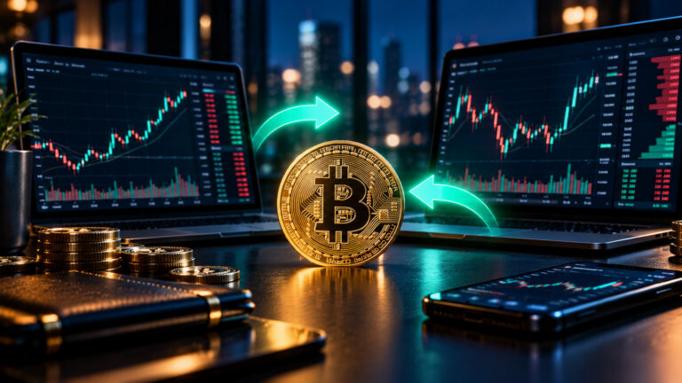 Арбитраж криптовалют: два торговых терминала с графиками Bitcoin и символом обмена между биржами