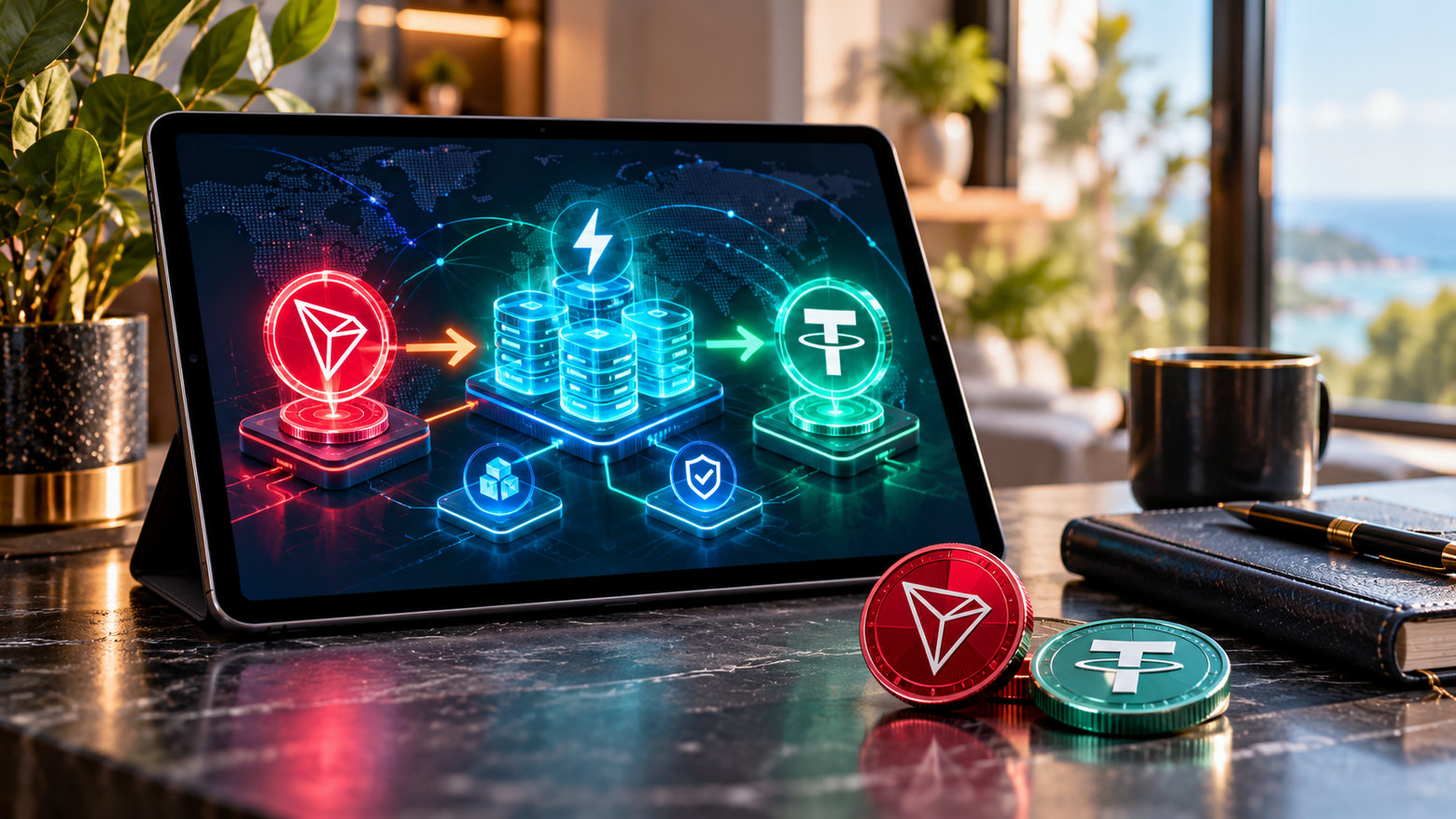 Концептуальная схема делегирования энергии TRON с застейканных TRX для перевода USDT