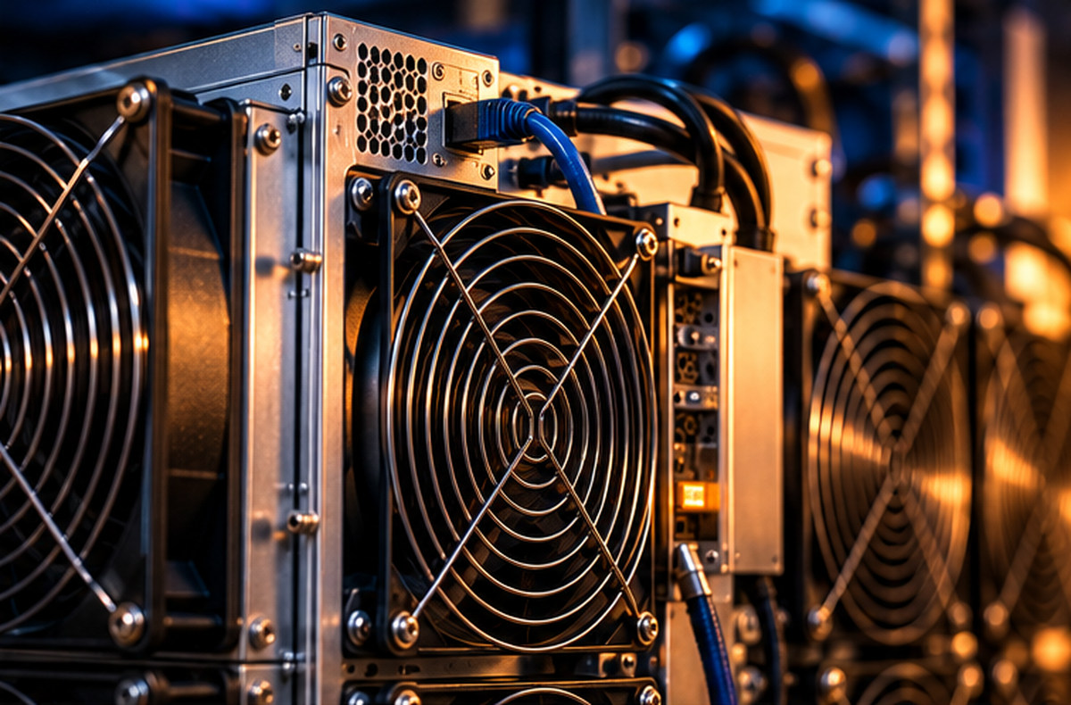 Крупный план ASIC-майнеров для добычи биткоина с вентиляторами охлаждения и сетевыми кабелями
