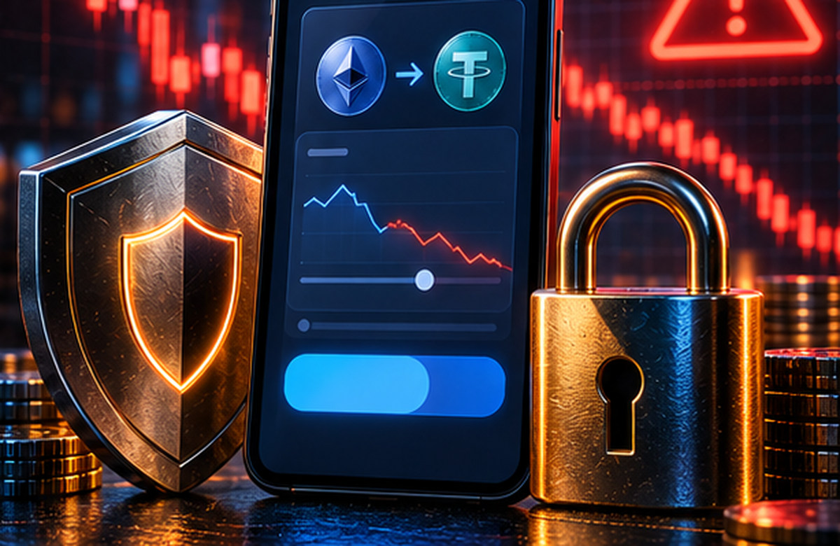 Смартфон с обменом токенов рядом с замком, защитным щитом и предупреждением