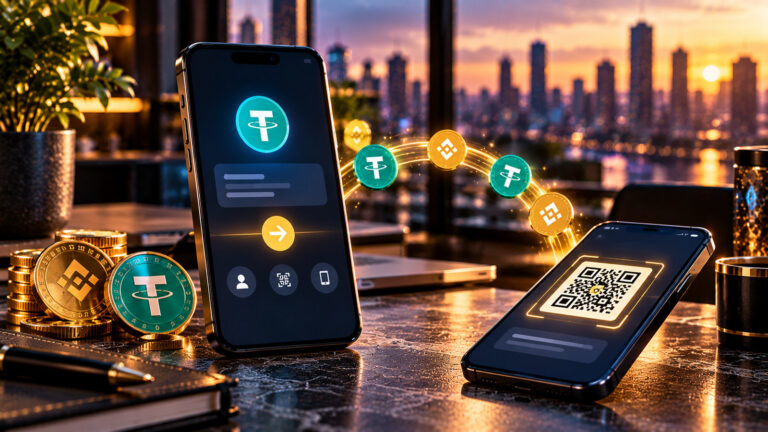 Binance Pay: перевод USDT между смартфонами через Binance ID и QR-код, редакционная иллюстрация