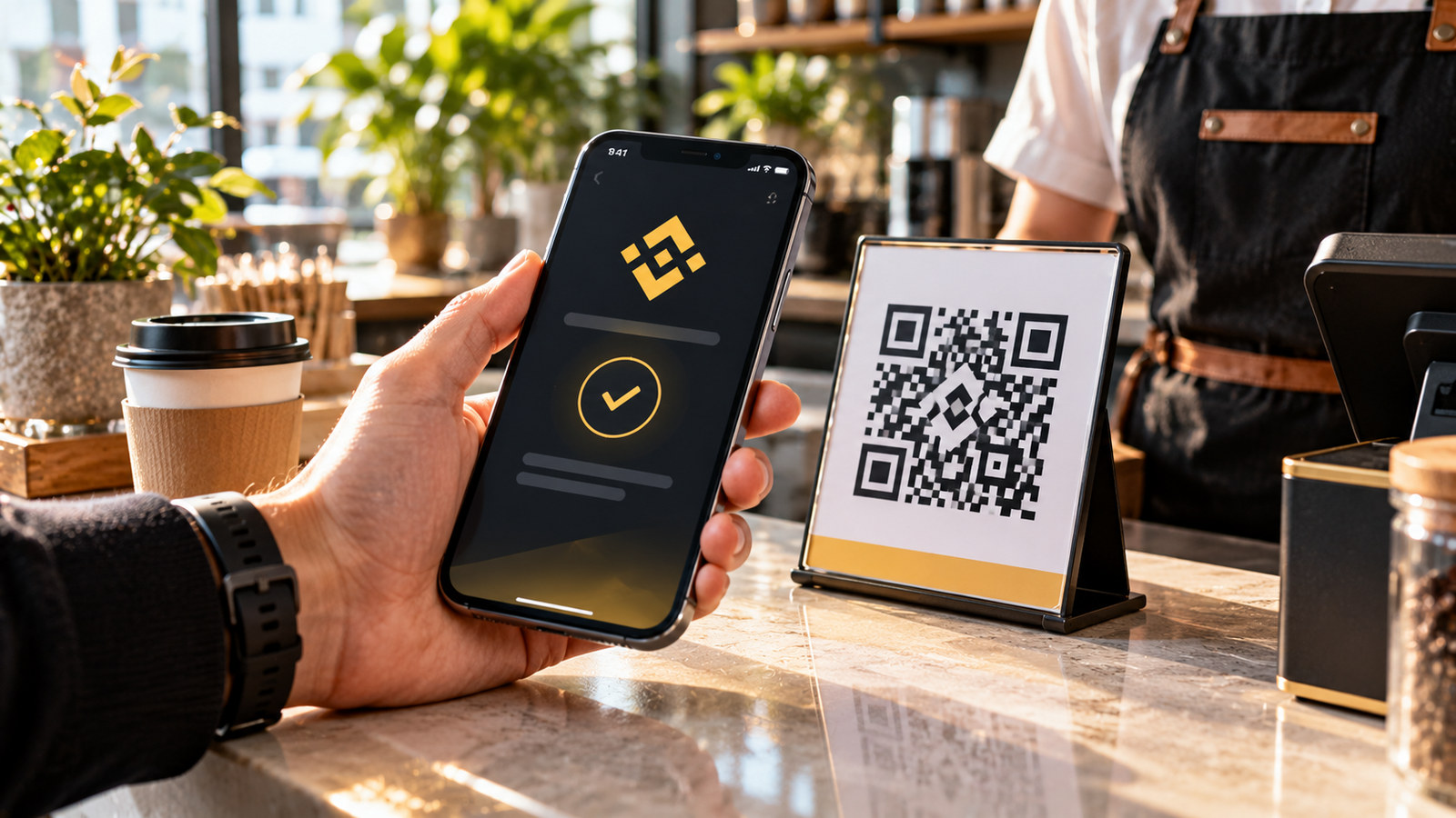 Покупатель в кафе проводит оплату через Binance Pay по QR-коду; иллюстрация без рабочего платёжного QR