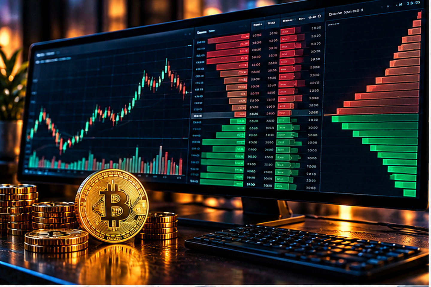Биржевой стакан криптовалют с красными заявками на продажу и зелёными заявками на покупку рядом с графиком Bitcoin
