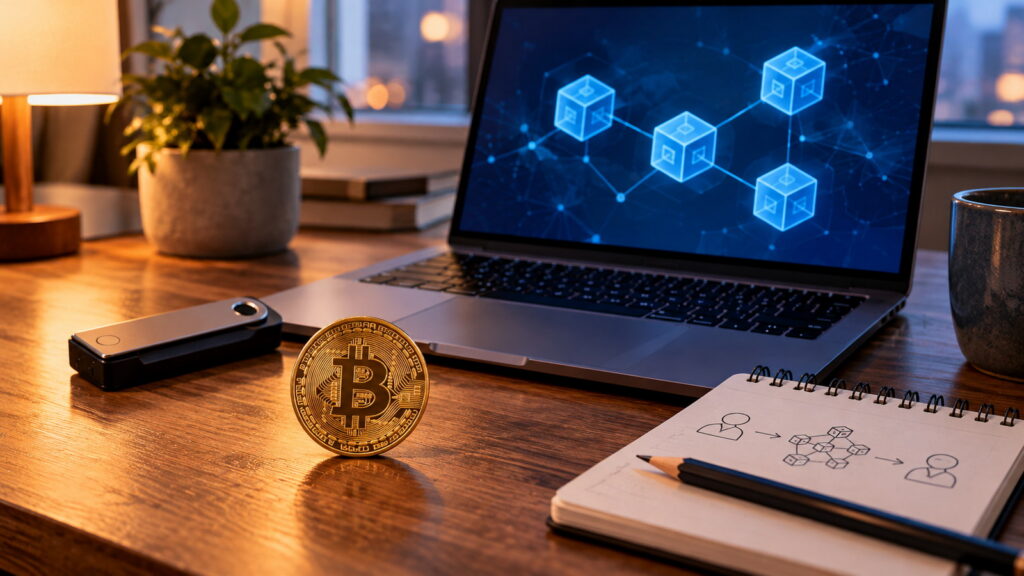 Фотография: золотая символическая монета Bitcoin рядом с ноутбуком, аппаратным кошельком и схемой блокчейна на рабочем столе