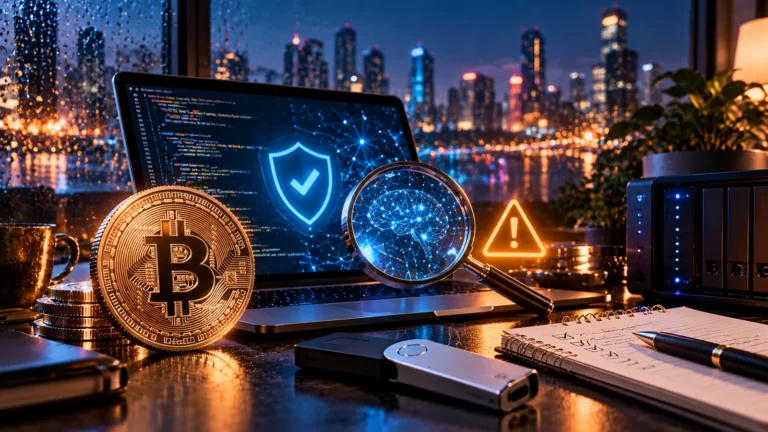 Bitcoin Core и искусственный интеллект: компьютер с кодом, цифровой щит и монета BTC как иллюстрация безопасности криптокошелька