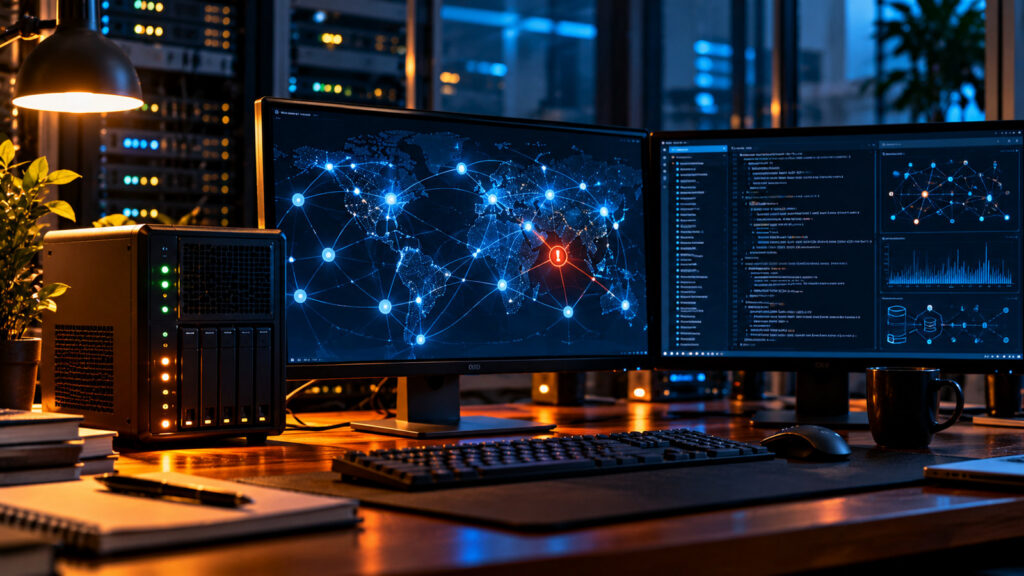 Оригинальная редакционная иллюстрация: операторская Bitcoin-ноды с сетевой картой и предупреждением о сбое соединения; изображение концептуальное, не скриншот Bitcoin Core