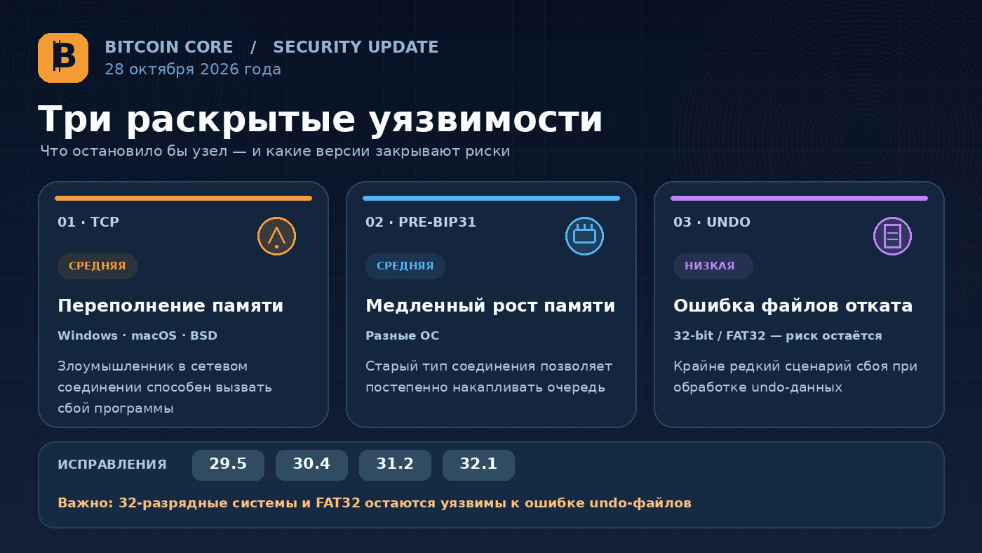 Инфографика: три уязвимости Bitcoin Core - TCP-переполнение памяти, медленный рост памяти pre-BIP31 и ошибка undo-файлов; исправленные версии 29.5, 30.4, 31.2 и 32.1