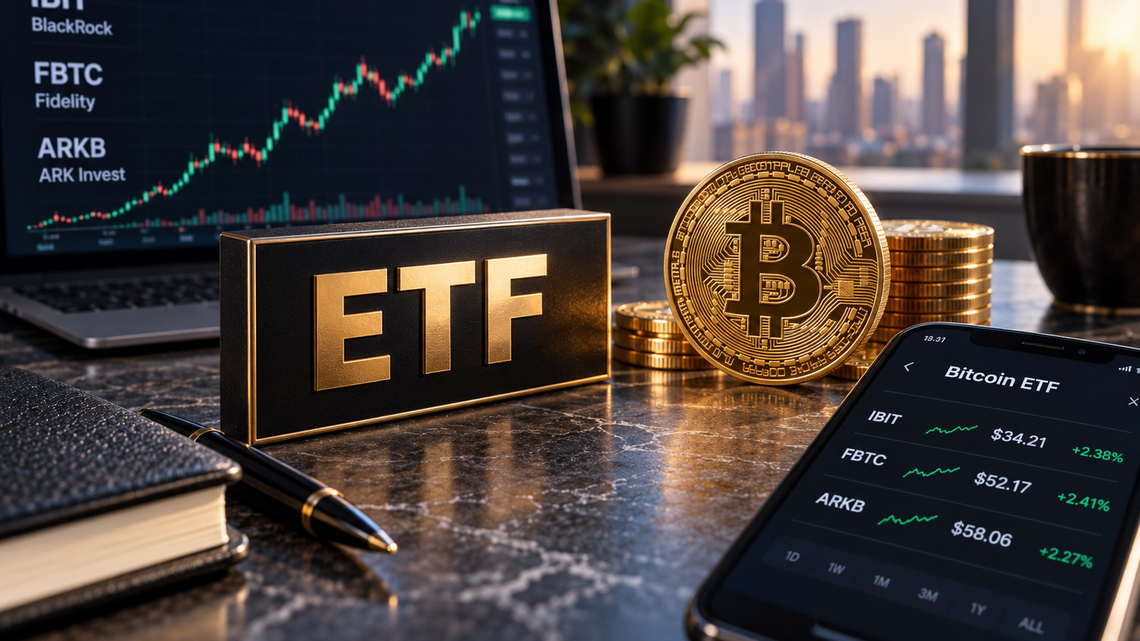 Постановочный финансовый терминал с иллюстративными ценами IBIT FBTC ARKB и знаком ETF, не актуальные котировки