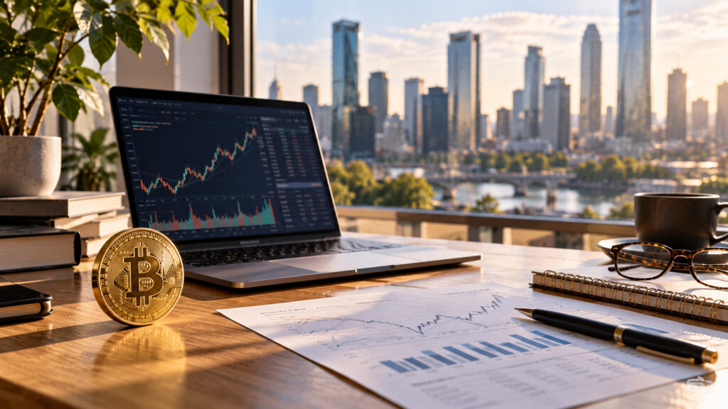 Биткоин-ETF: график финансового рынка, Bitcoin и отчёты в светлом рабочем кабинете