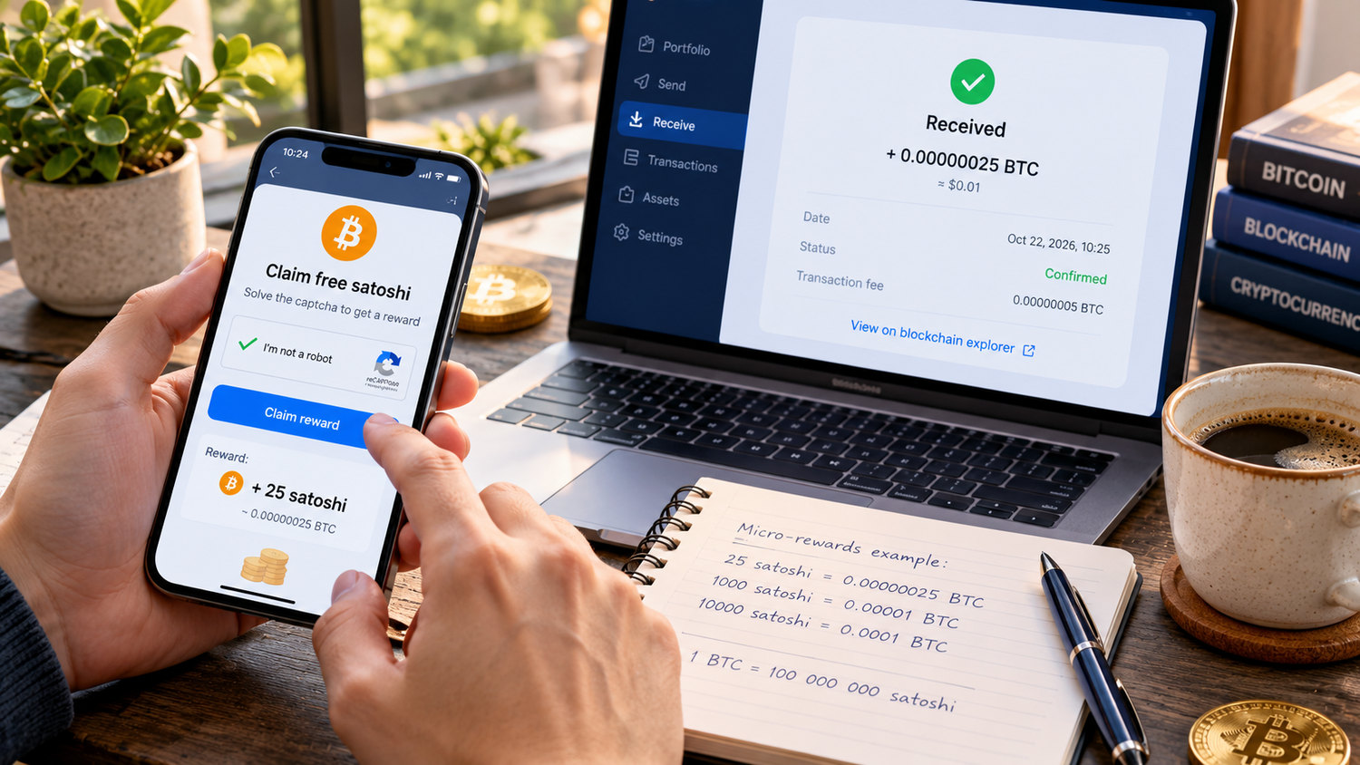 Получение сатоши из Bitcoin Faucet после капчи и подтверждение микровыплаты в кошельке