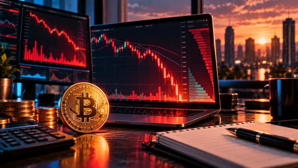 Иллюстрация обвала Bitcoin и фьючерсных ликвидаций 24 октября 2026 года: монета BTC, мониторы с красными свечами и рабочий стол трейдера