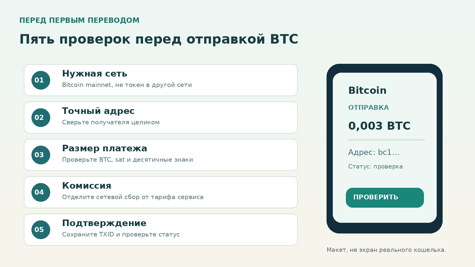 Учебная памятка проверки Bitcoin перевода: сеть, адрес, сумма, комиссия и подтверждение