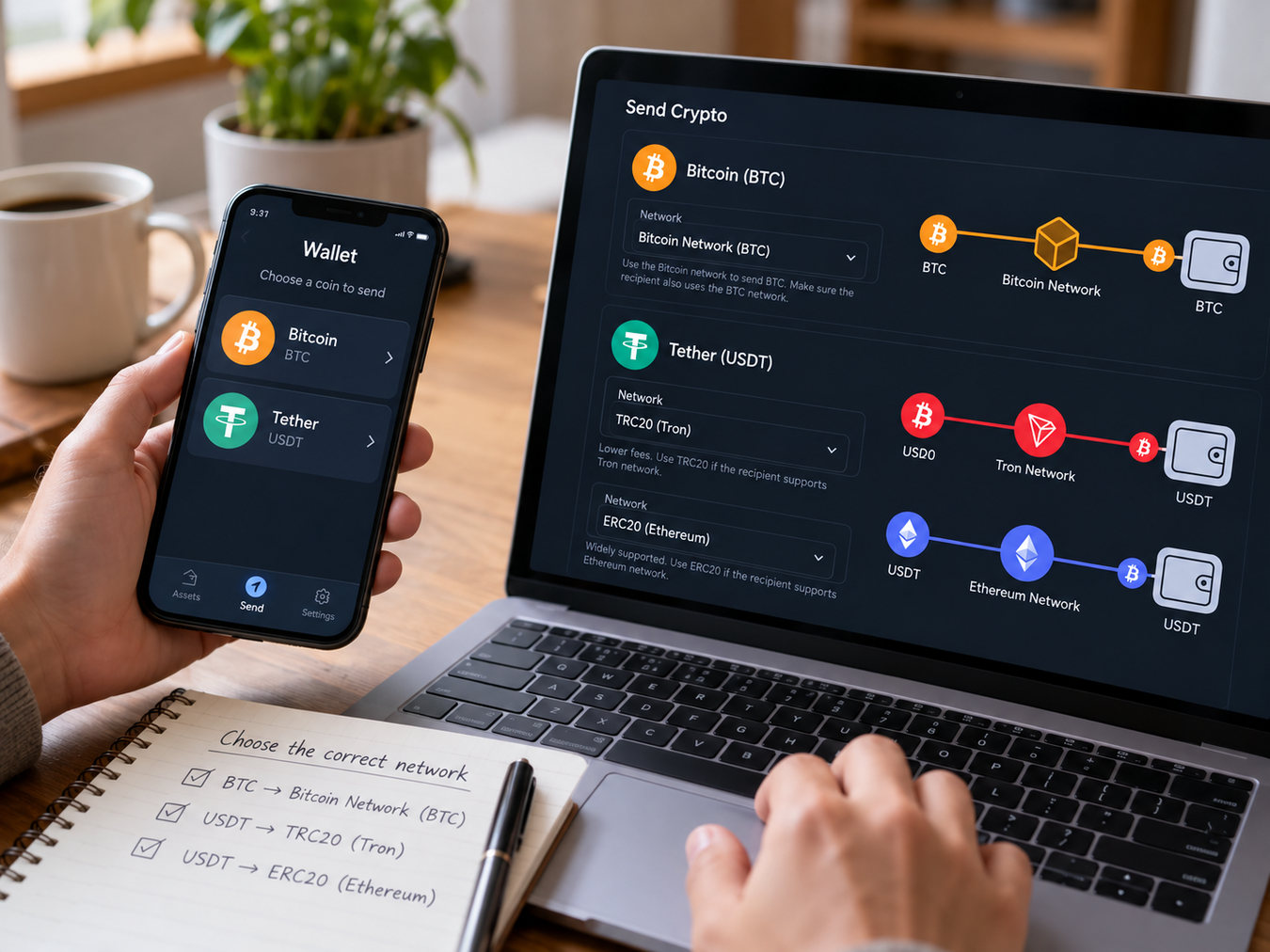 Выбор сети для перевода Bitcoin и USDT на экранах телефона и ноутбука