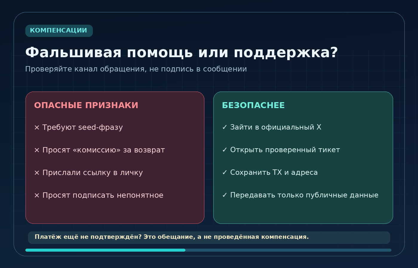Сравнение признаков мошеннического предложения компенсации и безопасного обращения в проверенную поддержку после инцидента BloomTrading