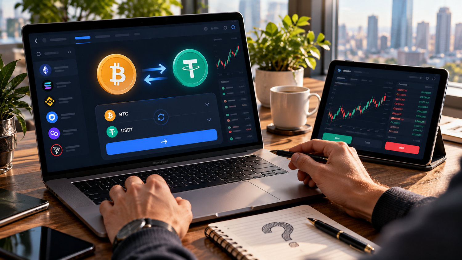 Конвертация Bitcoin в USDT на централизованной криптобирже, учебный пример интерфейса ноутбука