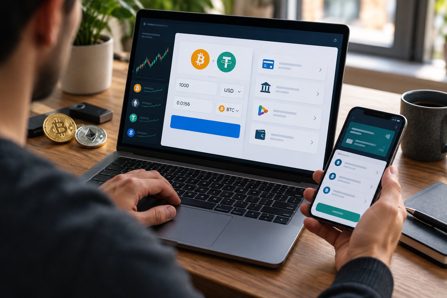 Покупка Bitcoin и USDT через криптобиржу и платёжное приложение на ноутбуке
