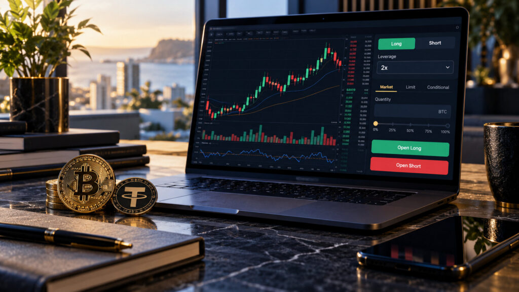 Фьючерсная торговля на Bybit: учебная визуализация терминала BTCUSDT с лонгом, шортом и плечом