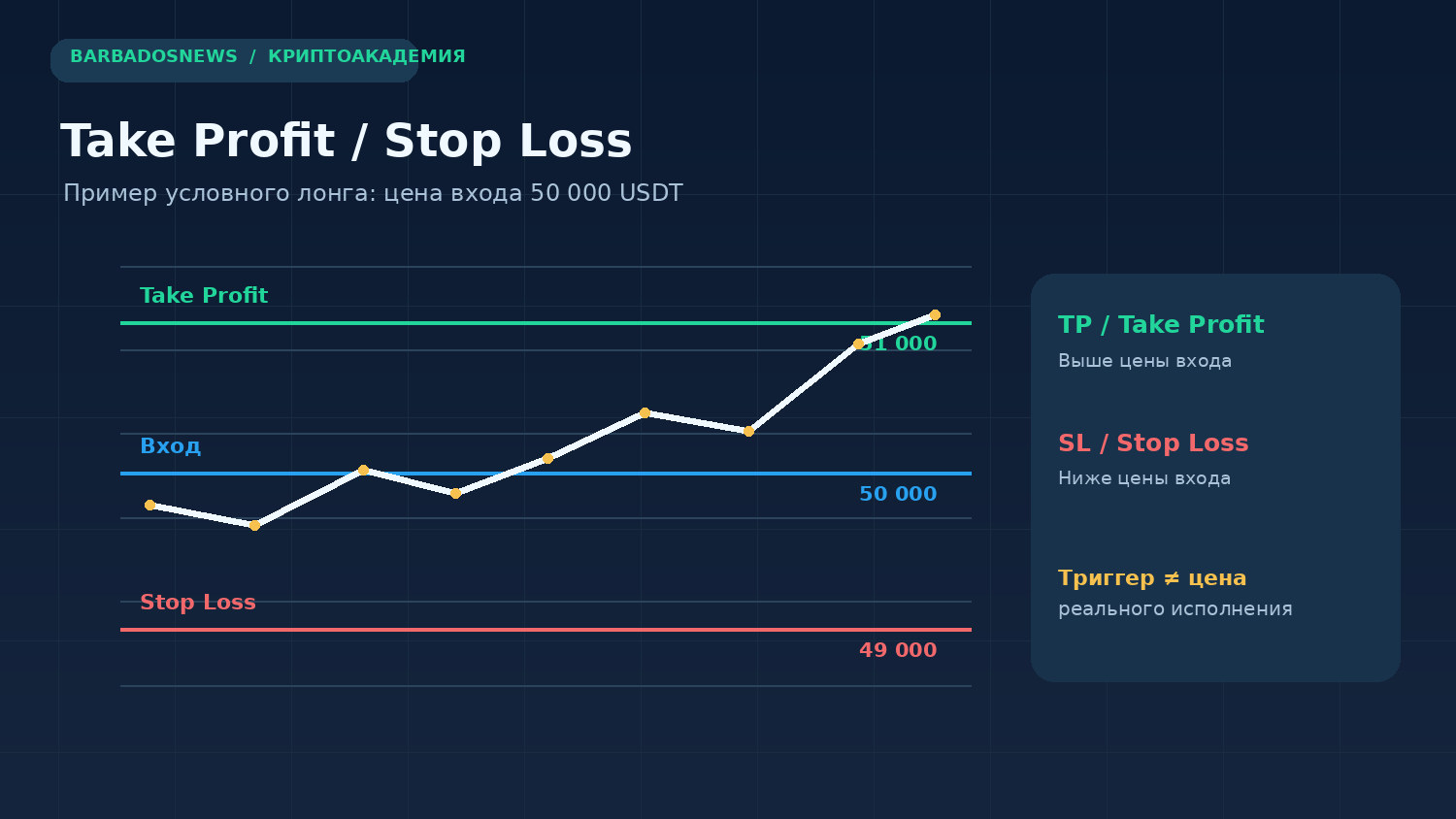 Пример Take Profit и Stop Loss на Bybit Futures с учебными уровнями входа, выхода и защитного ордера