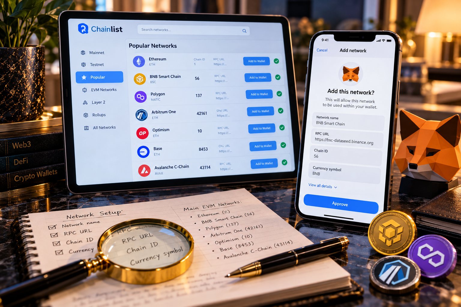 Учебная иллюстрация каталога Chainlist и подтверждения подключения сети в MetaMask