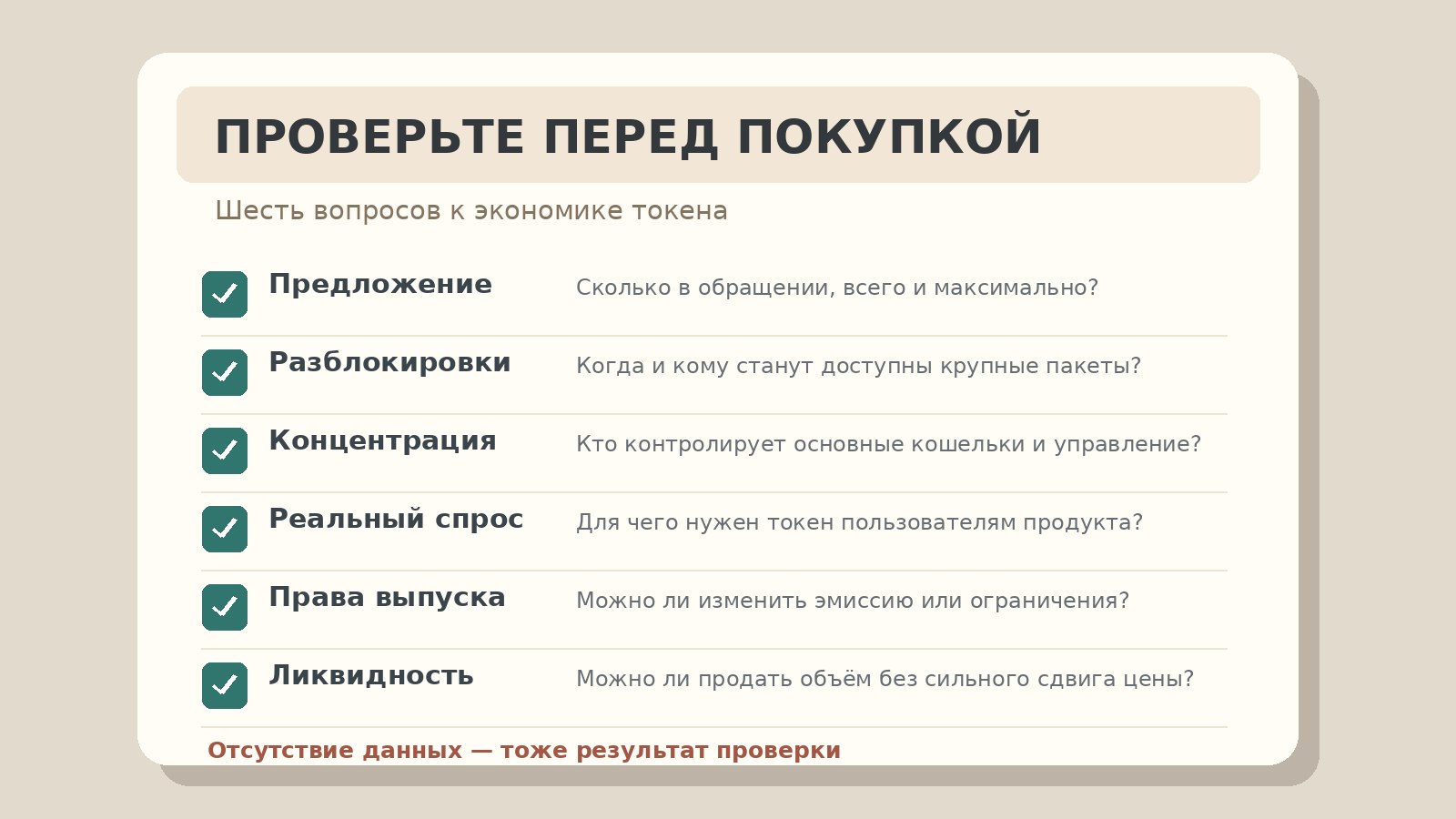 Шесть пунктов проверки токеномики: предложение, разблокировки, концентрация, спрос, права выпуска и ликвидность