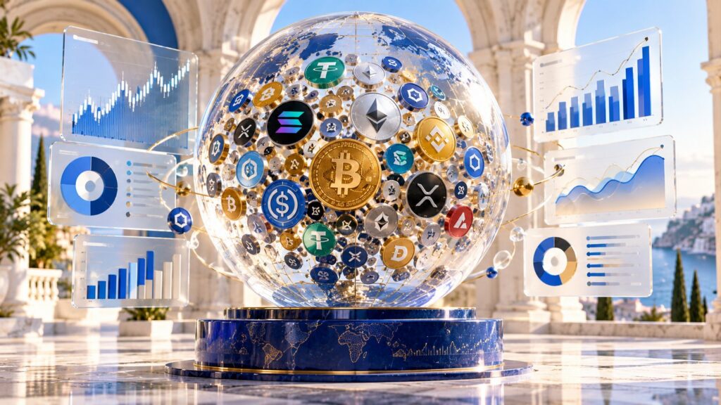 CoinMarketCap: криптовалютные монеты вокруг прозрачного глобуса и диаграммы рынка в светлом пространстве
