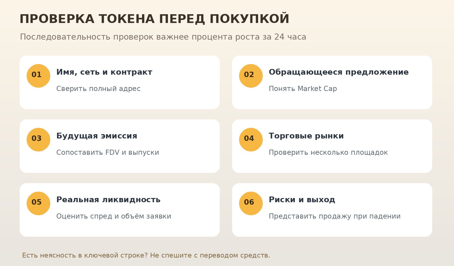 Инфографика: шесть шагов проверки токена по контракту капитализации предложению ликвидности и рискам