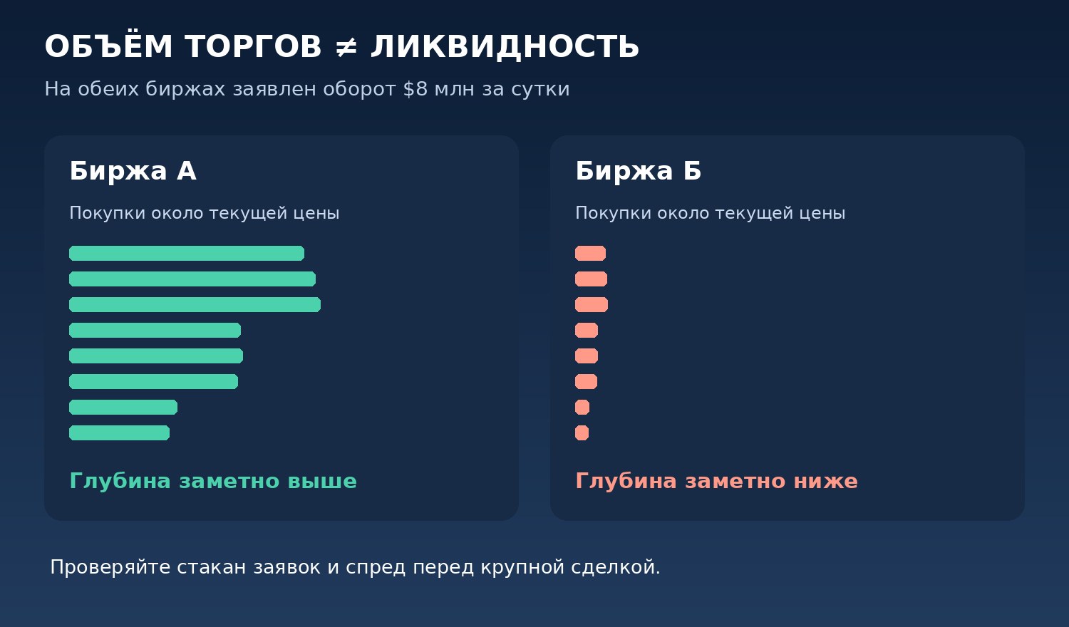 Инфографика: два рынка с одинаковым суточным оборотом, но разной глубиной заявок