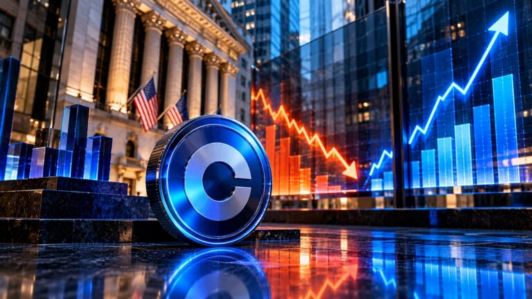 Редакционная иллюстрация финансовых результатов Coinbase: синяя монета, рост и падение абстрактных финансовых графиков, Уолл-стрит
