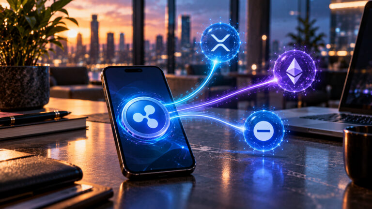 Редакционная иллюстрация RLUSD на Coinbase: смартфон с условными символами цифровых валют и три направления блокчейн-переводов; не снимок реального интерфейса биржи