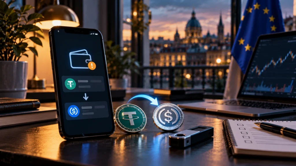 USDT и USDC рядом со смартфоном, криптокошельком и флагом Европейского союза — редакционная постановочная иллюстрация к сроку Coinbase 30 октября 2026 года