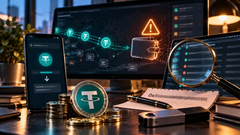 USDT, смартфон и предупреждение о старом депозитном адресе: редакционная постановочная иллюстрация к событию CoinDCX 25 октября 2026 года