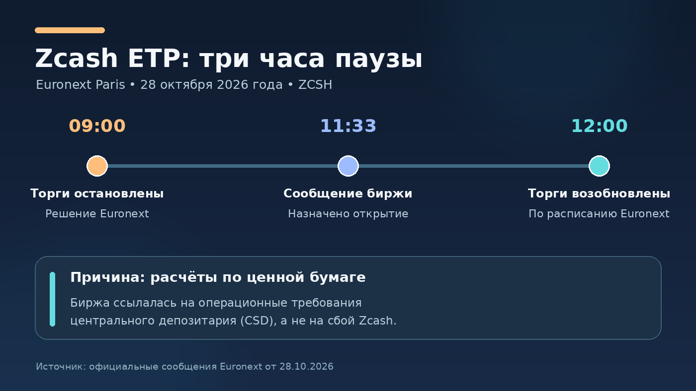 Хронология 28 октября: Euronext остановила торги ZCSH в 09:00, объявила о возобновлении в 11:33 и вернула торговлю в 12:00 по CET