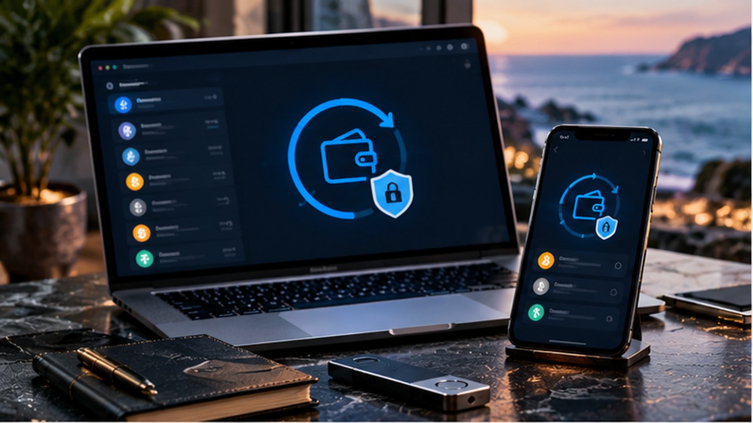 Восстановление криптокошелька Blockchain.com на ноутбуке и смартфоне, условная иллюстрация