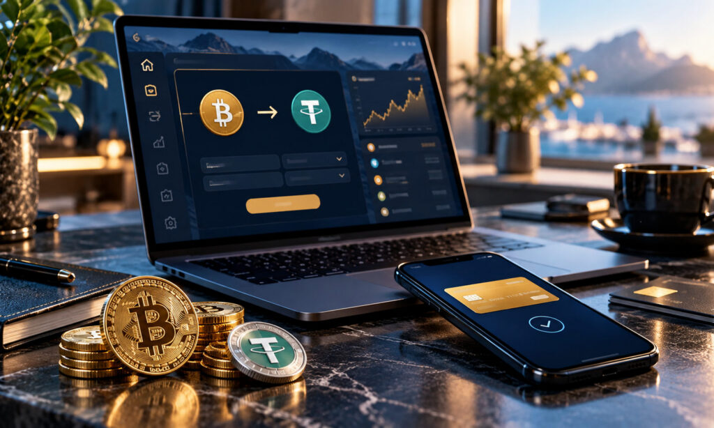 Вывод криптовалюты на банковскую карту: Bitcoin, USDT, ноутбук и мобильный банкинг на столе