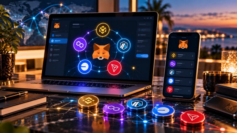 Обложка: кошелёк MetaMask и сети BNB Chain, Polygon, Arbitrum, Base и TRON на экранах ноутбука и телефона
