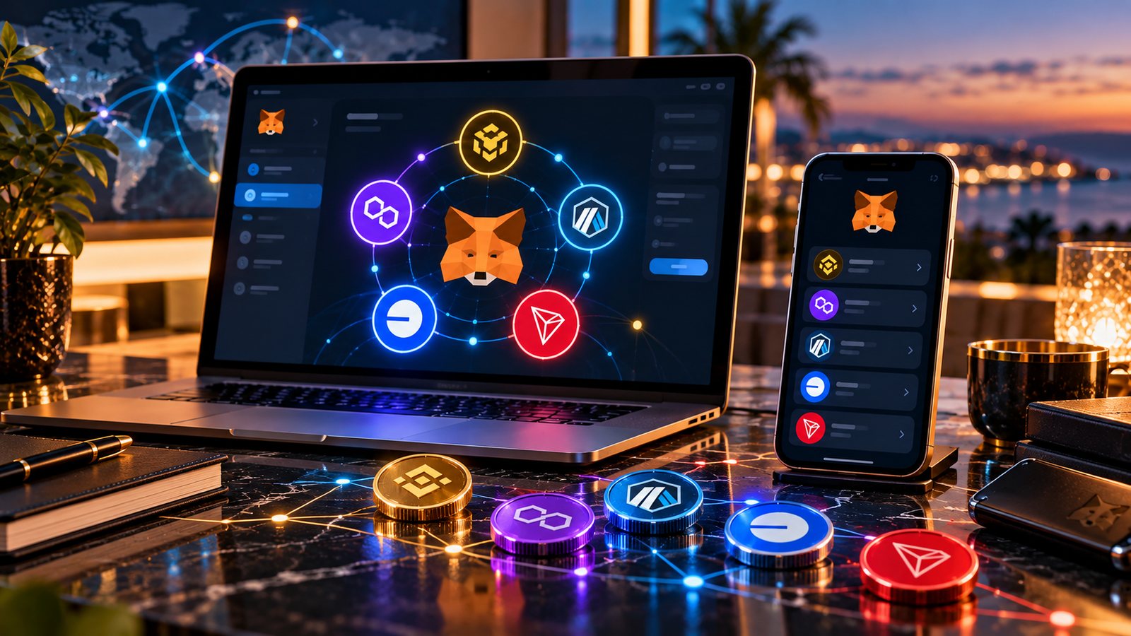 Обложка: кошелёк MetaMask и сети BNB Chain, Polygon, Arbitrum, Base и TRON на экранах ноутбука и телефона