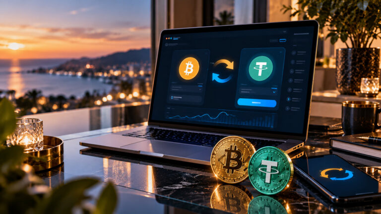 Обмен криптовалюты Bitcoin на USDT: ноутбук, символы BTC и USDT и интерфейс Swap на рабочем столе