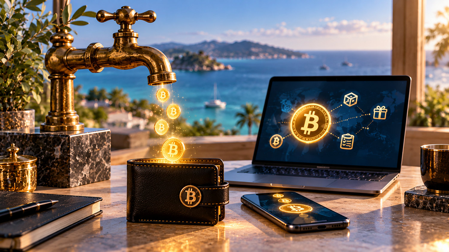 Криптовалютные краны: Bitcoin Faucet, золотые монеты и кошелёк на фоне ноутбука