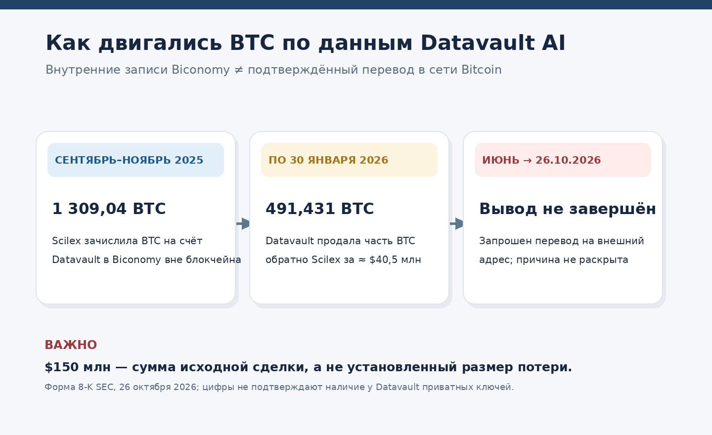 Хронология сделки Datavault AI и Scilex: внутреннее зачисление 1309,04 BTC, продажа 491,431 BTC, незавершённый вывод с Biconomy