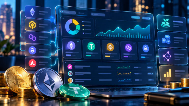 DeBank: мультисетевой DeFi-портфель и обзор криптоактивов на экране ноутбука