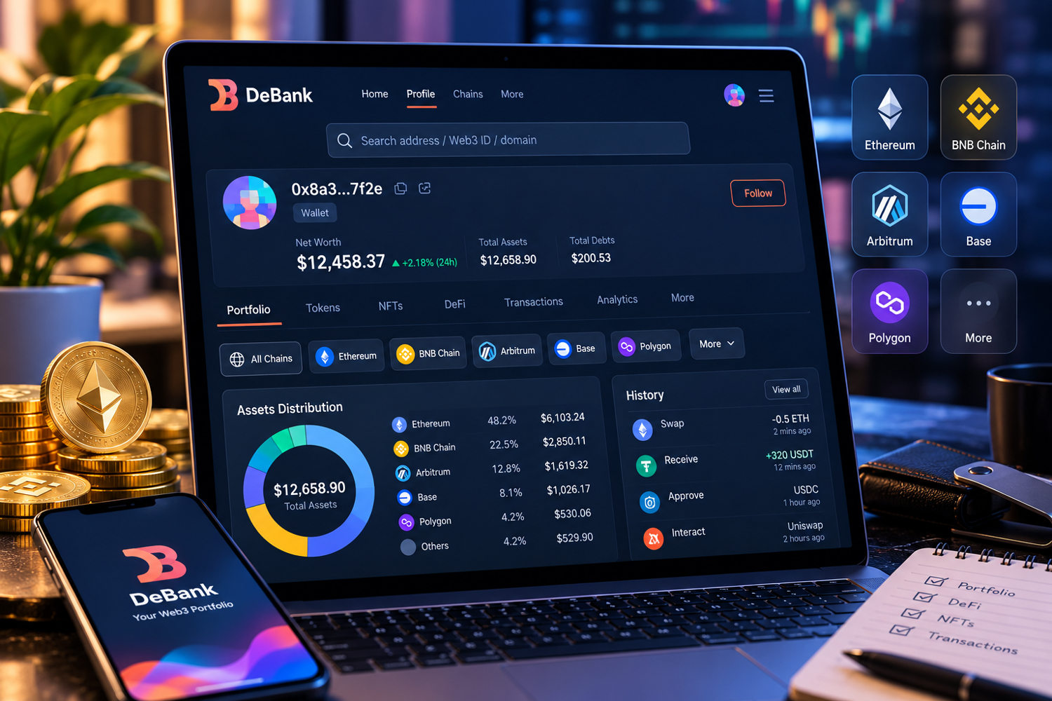 DeBank и распределение криптовалют между Ethereum, BNB Chain, Arbitrum, Base и Polygon
