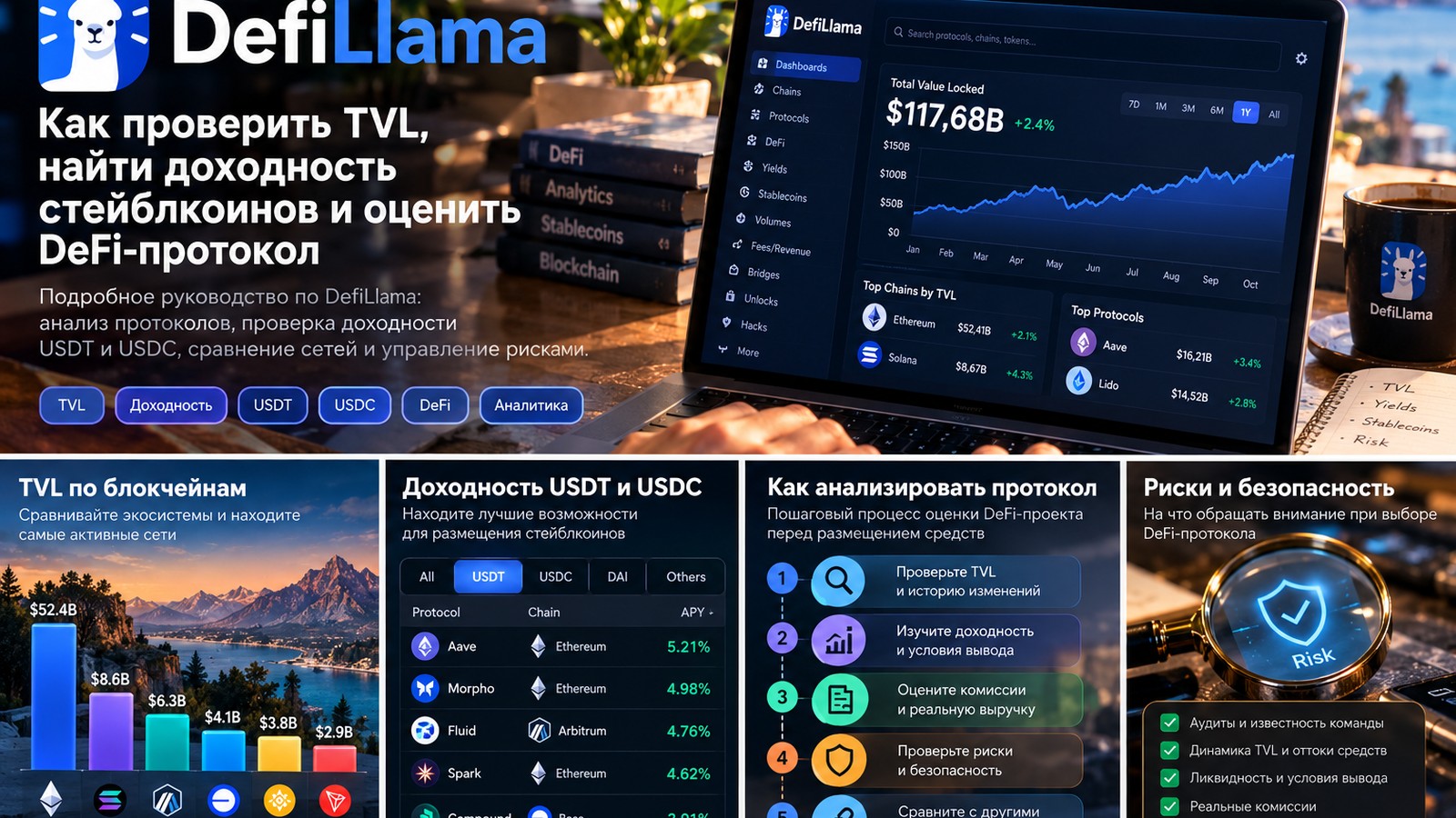 Обзор разделов DefiLlama, демонстрационный коллаж, цифры на изображении условные