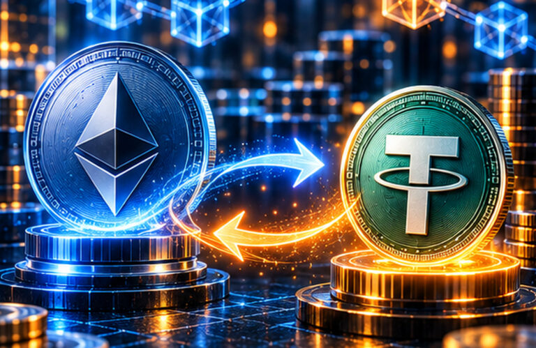 Обмен монет Ethereum и USDT между двумя блокчейн-активами — иллюстрация работы DEX-биржи