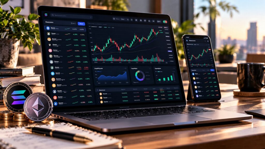 DEX Screener: анализ графиков токенов, объёмов и торговых пар на ноутбуке