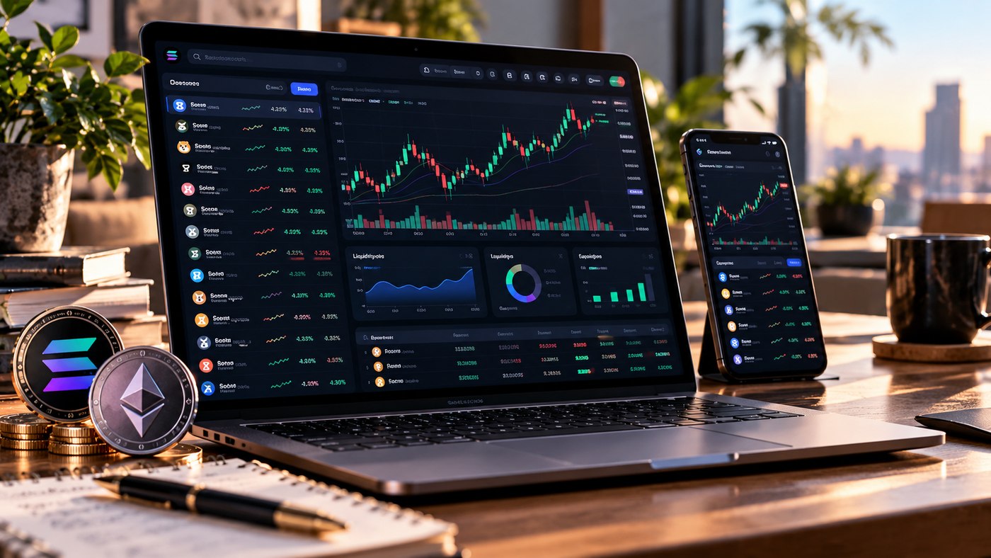 DEX Screener: анализ графиков токенов, объёмов и торговых пар на ноутбуке
