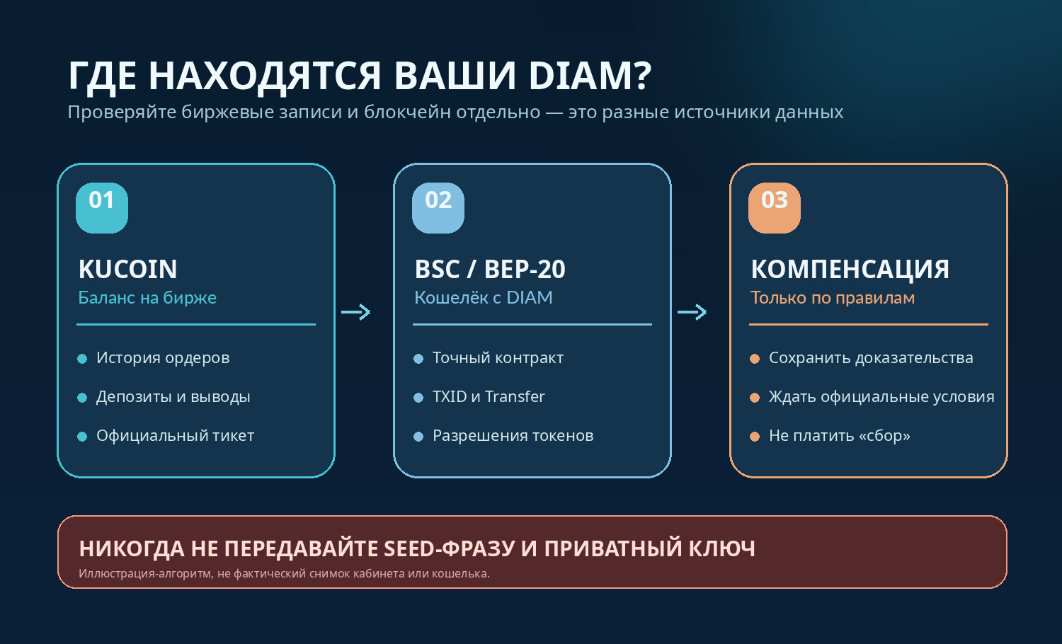 Схема проверки DIAM: биржевой баланс, депозит, вывод и транзакции BNB Smart Chain