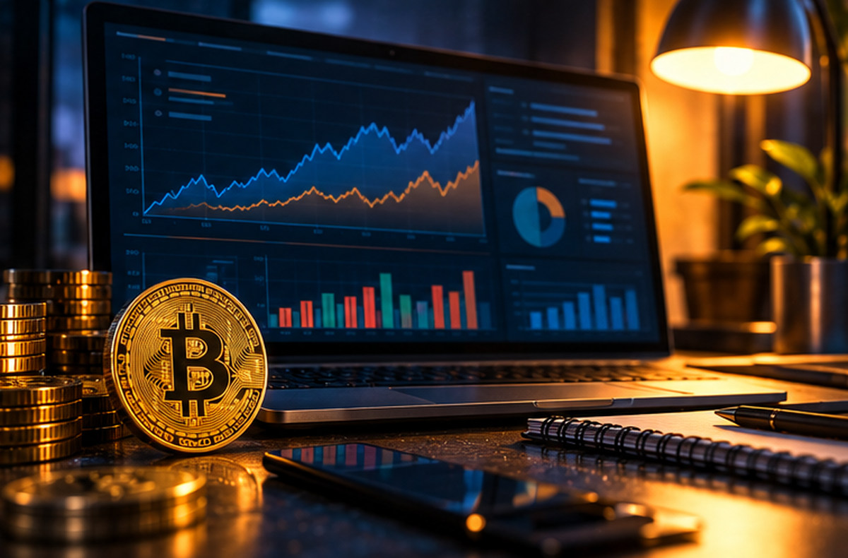 Графики доходности домашнего майнинга биткоина на ноутбуке рядом с монетой Bitcoin и расчётным блокнотом
